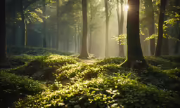 trees, plants and bushes in the woods with sunshine coming through