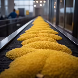 several large long pieces of yellow food on a conveyer belt
