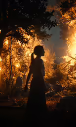 woman standing in dark with setting sun behind her