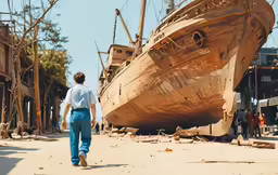a man walks by the wooden hull of an old boat
