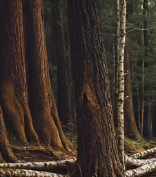 some trunks and trees in the woods with no leaves