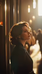a close up of a person in a dark dress and some people
