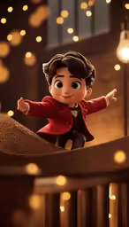 a little boy dressed in a suit and bow tie and pointing to some light bulbs