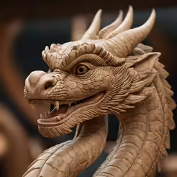 an intricate wooden dragon statue is showing its teeth