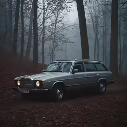 an old time car in the woods during a foggy day