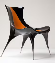 a modern chair is in black and orange
