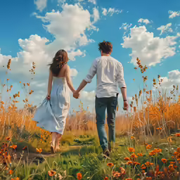 a couple holds hands as they walk through a field