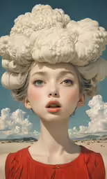 a woman with many clouds on her head