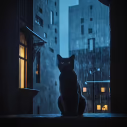 a black cat sits on the ledge looking out at dark city buildings