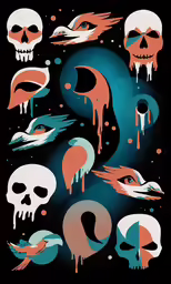 skull - like pieces of artwork painted on an surface