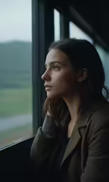 a woman looks out the window at mountains outside
