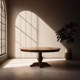 the table is made of wood with a round shape