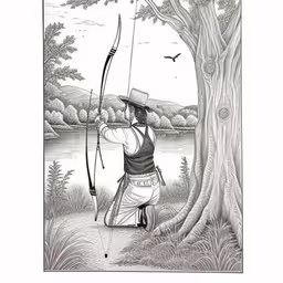 a drawing of a person shooting a bow at something,a person with a hat is holding a bow and arrow while standing near a tree