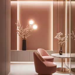 a room with a chair, flowers and a table in it
