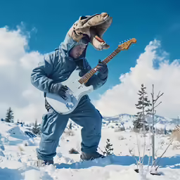 man with animal mask playing guitar in snow