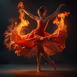 a woman in orange is dancing with fire
