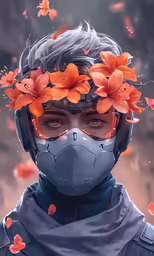 a woman with floral decorations wearing a mask