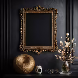 a small table with flowers in vases, a frame and a gold vase sitting on it
