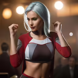 the blonde girl poses in a top with a muscular stomach