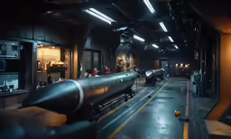 a large gun displayed in a dimly lit building