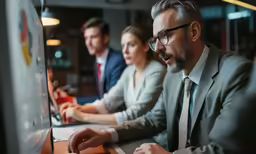 a couple of people sitting at a desk