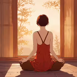 a person with a red dress sitting on a wooden floor,a woman sits on a wooden floor in front of an open door