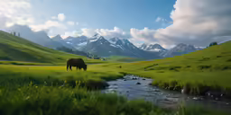 there is a cow that is grazing in the grass