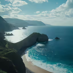 a sandy beach with a green cliff near the ocean