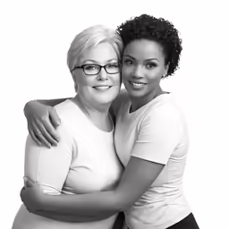 two women hug each other while posing for the camera