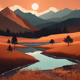 a painting of mountains is featured in this image,a painting of the desert with some mountains and a stream running through it