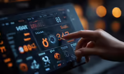 a woman using a touch panel with buttons and numbers