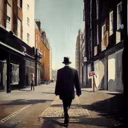 a painting of a man in a black hat walks down the street,a painting of a man in an old fashion walking along the side of a street