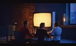 two people talking at a table with a large television