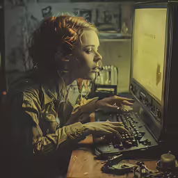 a woman looking at a computer screen in the dark