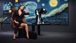 a woman in a black suit sitting on a chair with a table