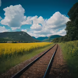 a train track and some fields near mountains