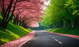 an empty road surrounded by blooming trees with grass and bushes on either side