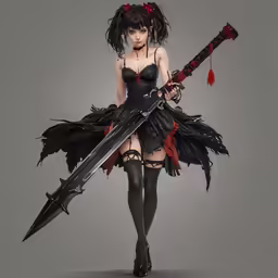 a woman in a cosplay holds an elaborate sword