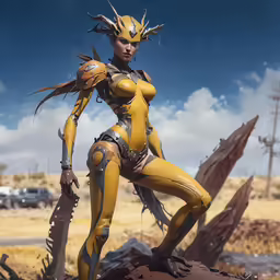 a woman is dressed in yellow and black armor