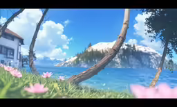 beautiful scenery showing blue sky, mountain and clear water