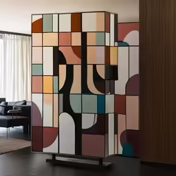 the room has an abstract colorful art piece on it