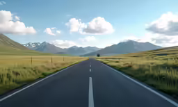 the highway passes through a green valley with high mountains in the distance