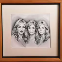 three girls in a wooden frame with their faces drawn
