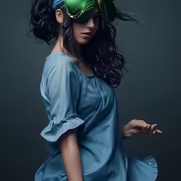 a young woman with a green mask on is wearing a blue dress