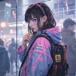 a young lady in a jacket holding a back pack