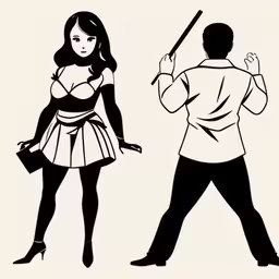 couple of woman and man with umbrella in cartoon style,an image of a man and woman on stage