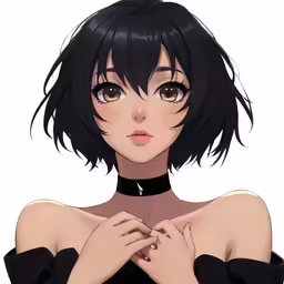 an anime girl with black hair and big breast and black nipples