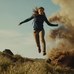 girl in motion, running through smoke, near field