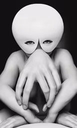 an alien looking man with his hands on his face