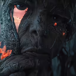 a woman with black makeup, covered in fire and water